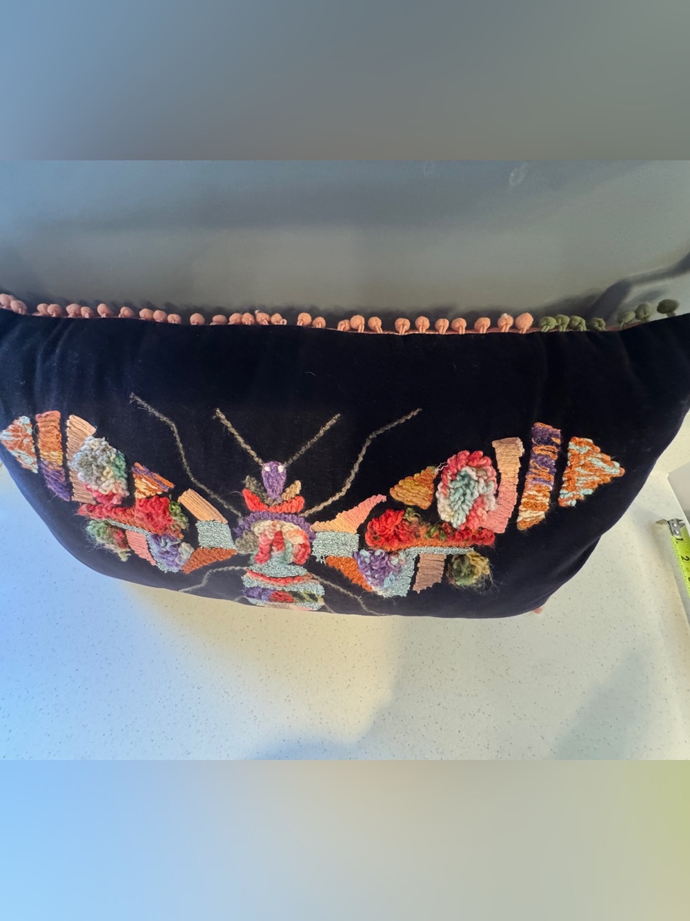 World Market- Handmade Hooked Bee Pillow in Multicolor on Black - Picture 4 of 11
